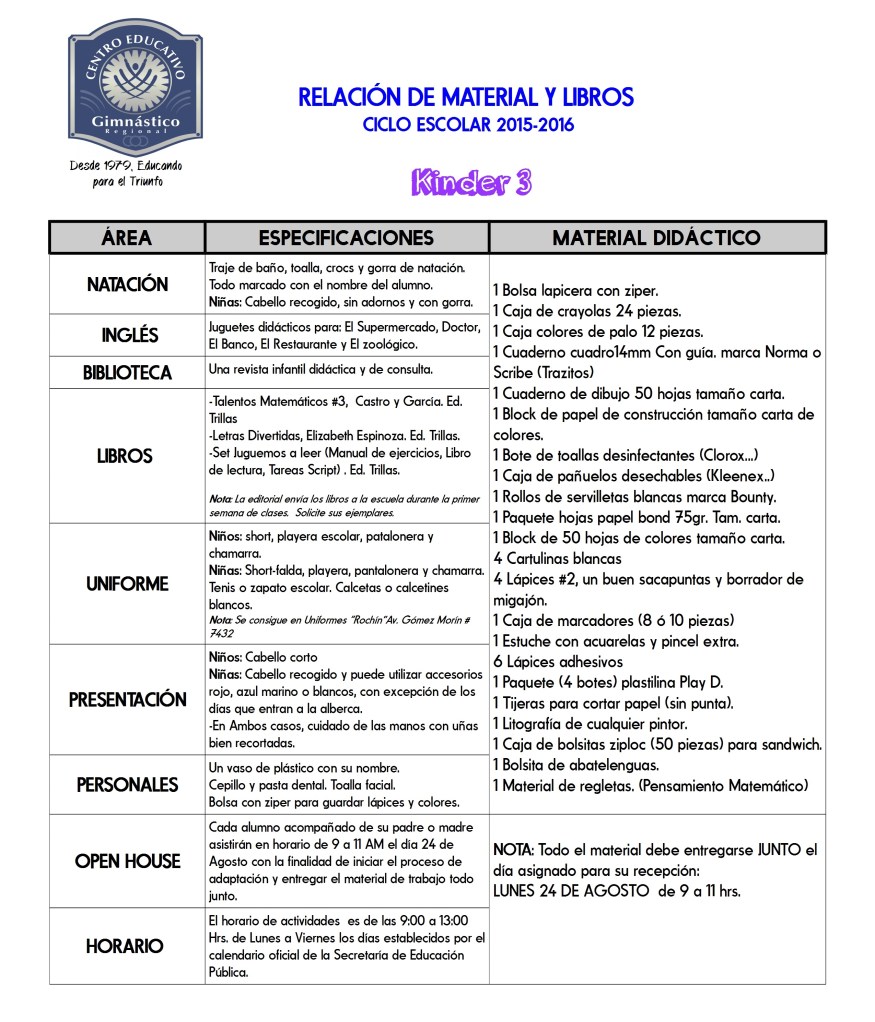 LISTA DE MATERIALES KINDER 3